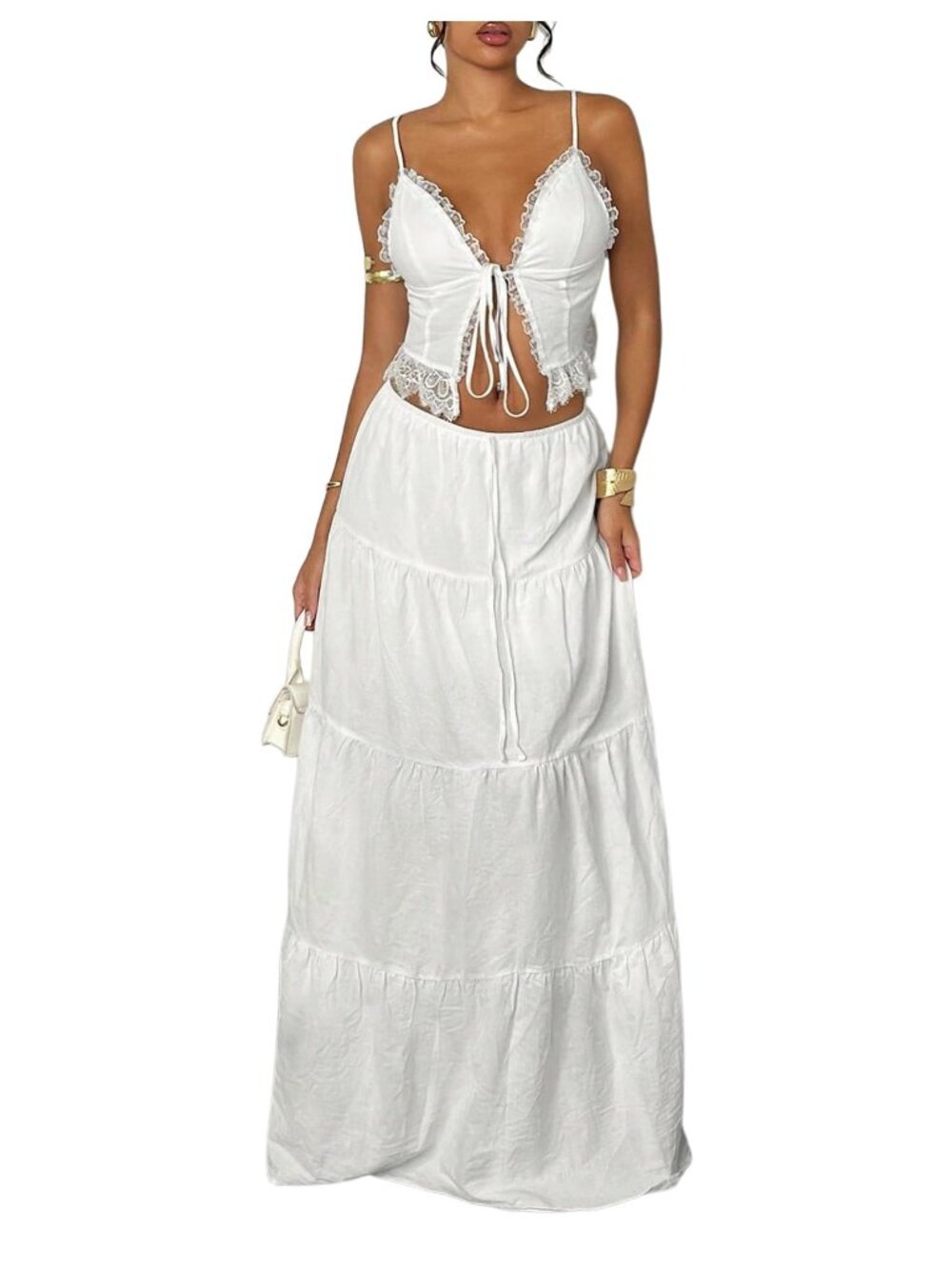 Floerns White Lace Trim Tie Front Cami Top Tiered White Maxi Skirt Set